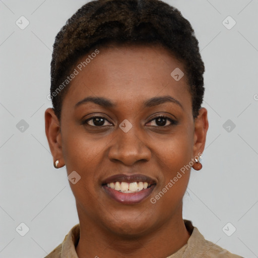 Joyful black young-adult female with short  black hair and brown eyes