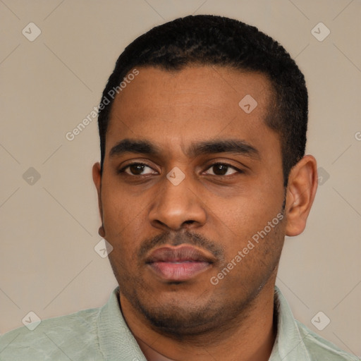 Neutral latino young-adult male with short  black hair and brown eyes