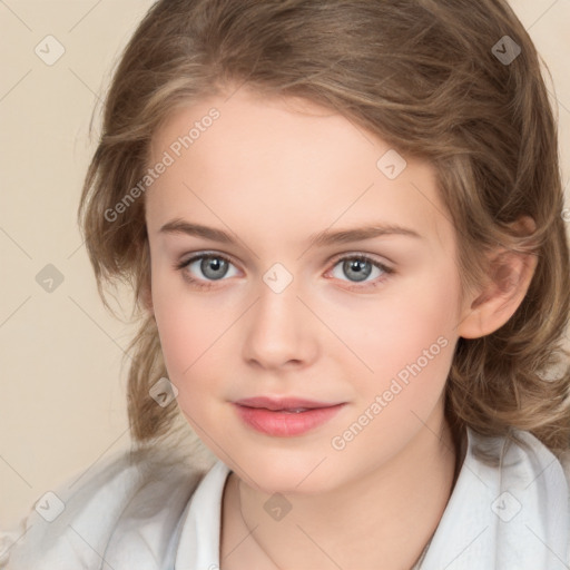 Joyful white child female with medium  brown hair and brown eyes