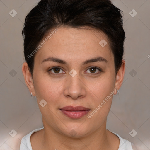 Joyful white young-adult female with short  brown hair and brown eyes