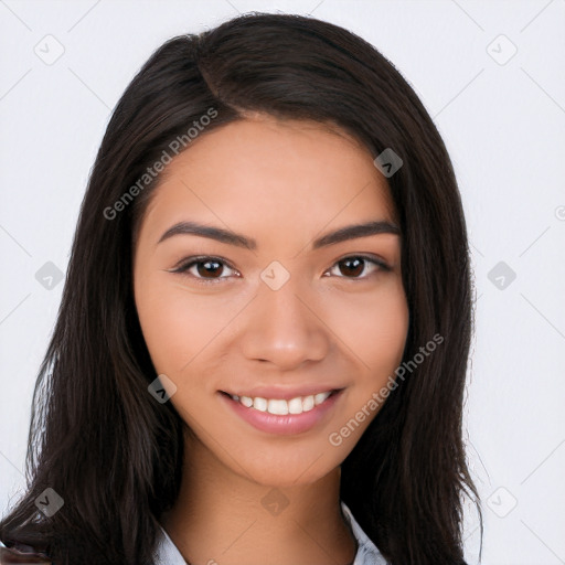 Joyful latino young-adult female with long  brown hair and brown eyes