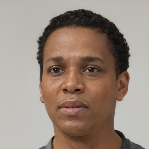 Neutral black adult female with short  black hair and brown eyes