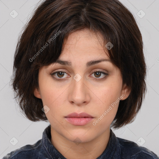 Neutral white young-adult female with medium  brown hair and brown eyes