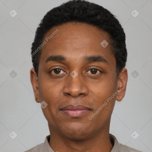 Neutral black young-adult male with short  black hair and brown eyes