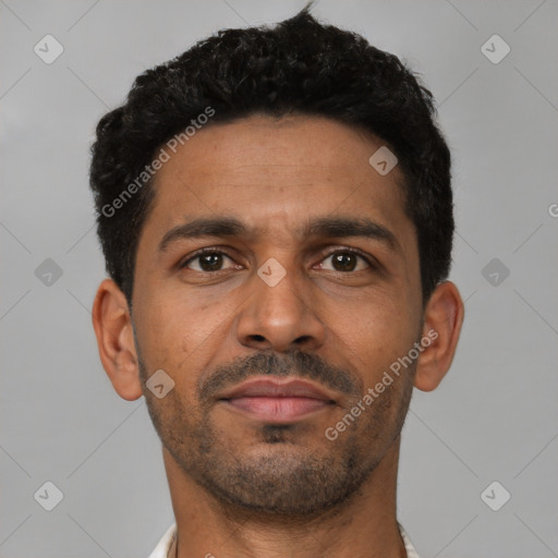 Neutral latino young-adult male with short  black hair and brown eyes