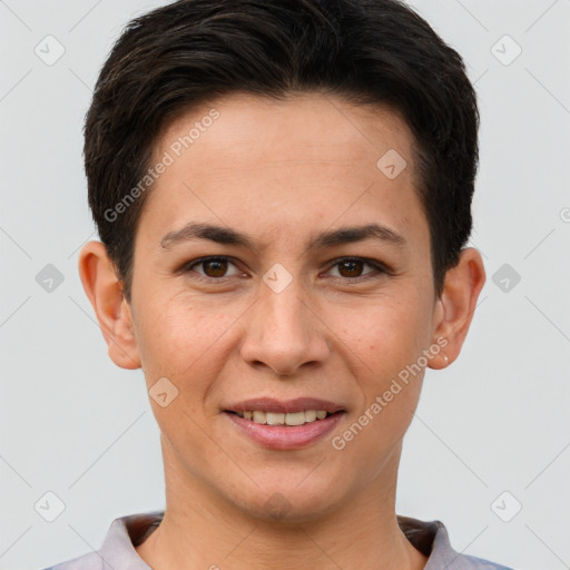 Joyful white young-adult female with short  brown hair and brown eyes