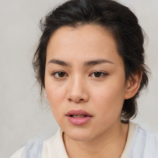 Neutral white young-adult female with medium  brown hair and brown eyes