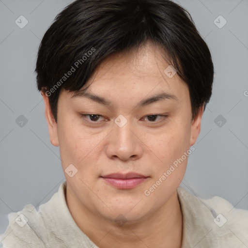 Joyful asian young-adult female with short  brown hair and brown eyes