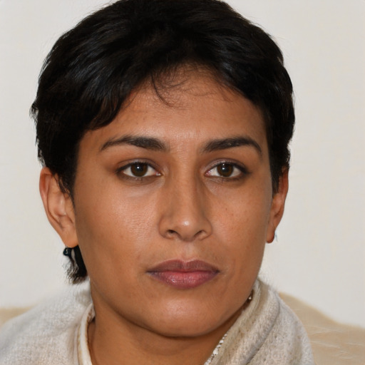 Neutral asian young-adult female with short  brown hair and brown eyes