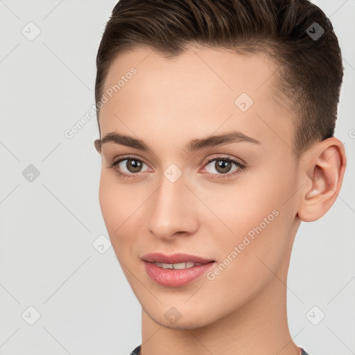 Joyful white young-adult female with short  brown hair and brown eyes