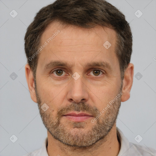 Neutral white adult male with short  brown hair and brown eyes