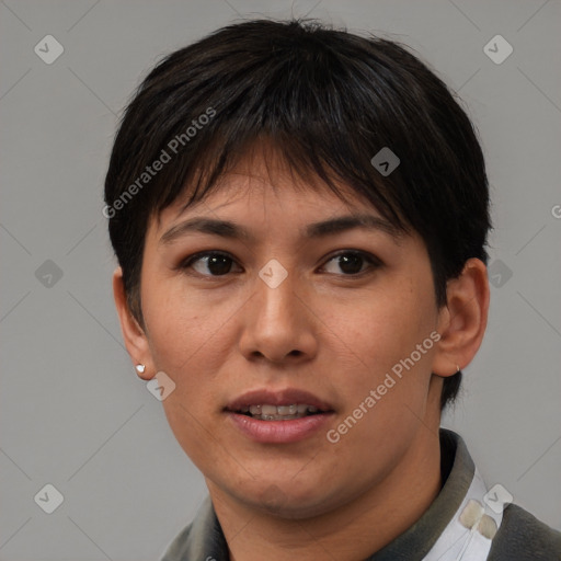 Neutral asian young-adult female with short  brown hair and brown eyes