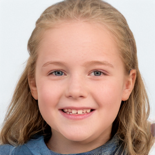 Joyful white child female with medium  brown hair and blue eyes