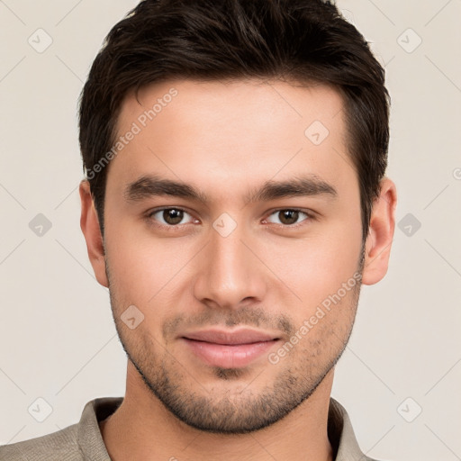 Joyful white young-adult male with short  brown hair and brown eyes