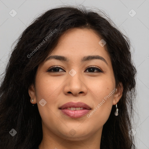 Joyful asian young-adult female with long  brown hair and brown eyes