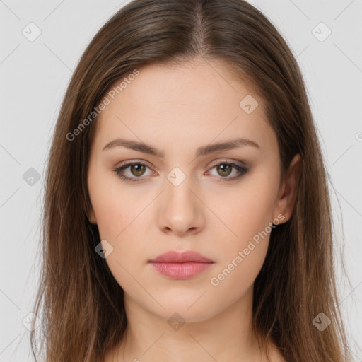 Neutral white young-adult female with long  brown hair and brown eyes