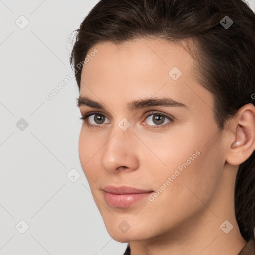 Neutral white young-adult female with medium  brown hair and brown eyes