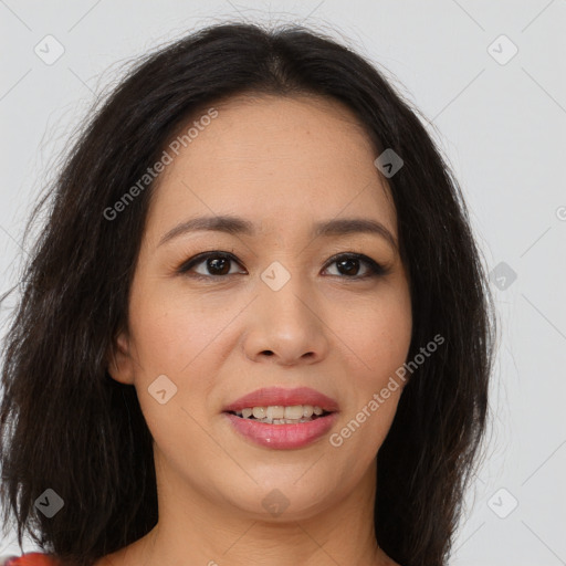 Joyful asian young-adult female with long  brown hair and brown eyes