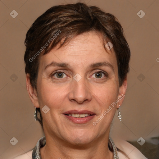 Joyful white adult female with short  brown hair and brown eyes