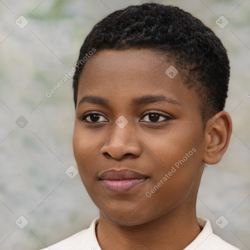 Joyful black young-adult female with short  brown hair and brown eyes