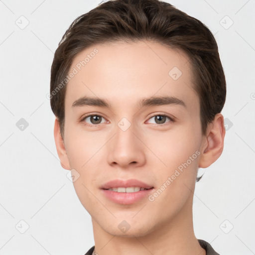 Neutral white young-adult male with short  brown hair and brown eyes