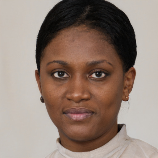 Neutral black young-adult female with short  black hair and brown eyes