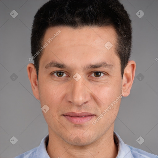 Joyful white adult male with short  brown hair and brown eyes