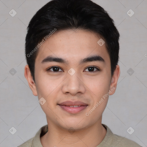 Joyful asian young-adult male with short  brown hair and brown eyes