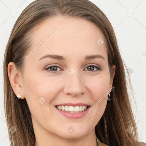 Joyful white young-adult female with long  brown hair and grey eyes