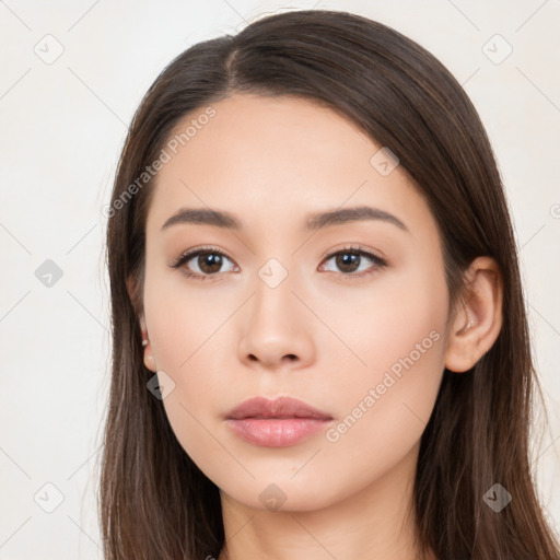 Neutral white young-adult female with long  brown hair and brown eyes