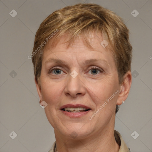 Joyful white adult female with short  brown hair and brown eyes