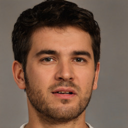 Joyful white young-adult male with short  brown hair and brown eyes