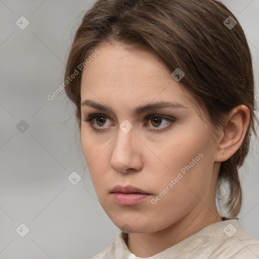 Neutral white young-adult female with medium  brown hair and brown eyes