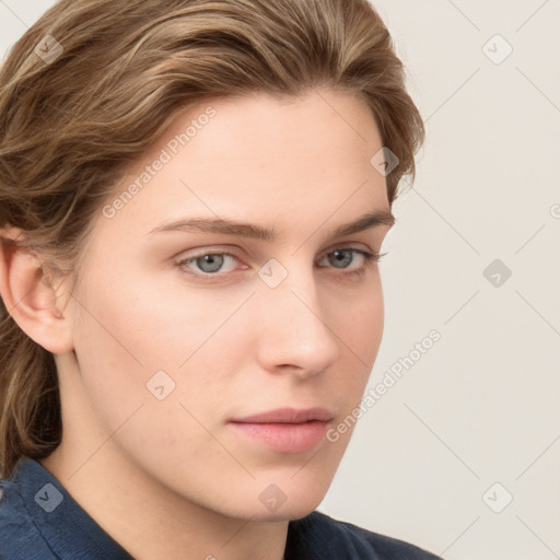 Neutral white young-adult female with long  brown hair and grey eyes