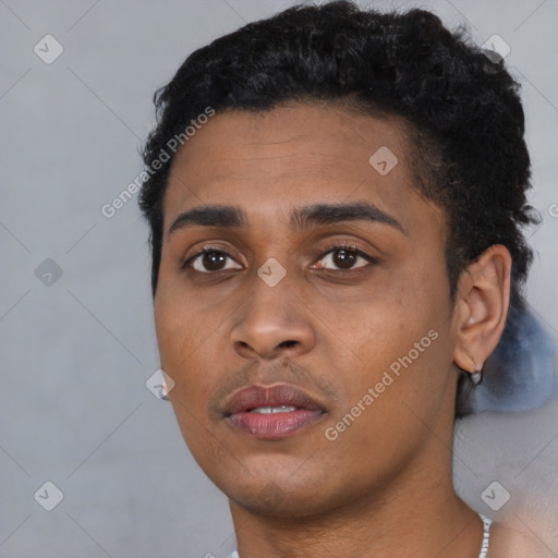 Neutral black young-adult female with short  black hair and brown eyes