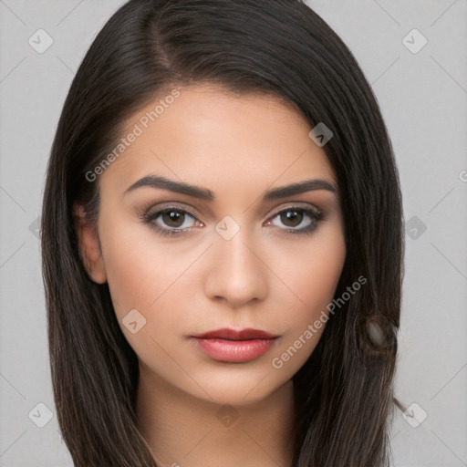 Neutral white young-adult female with long  brown hair and brown eyes