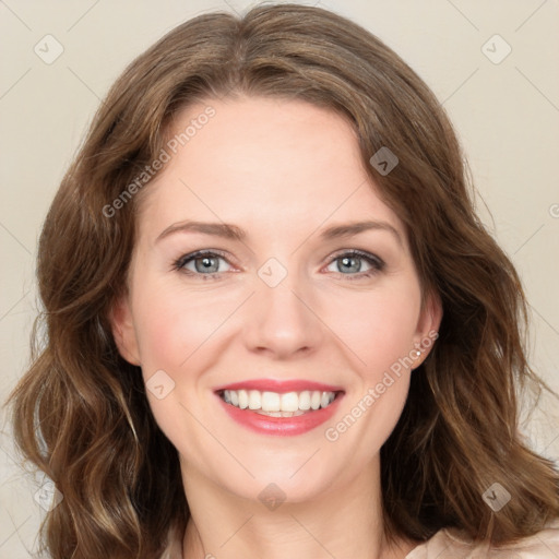 Joyful white young-adult female with medium  brown hair and green eyes