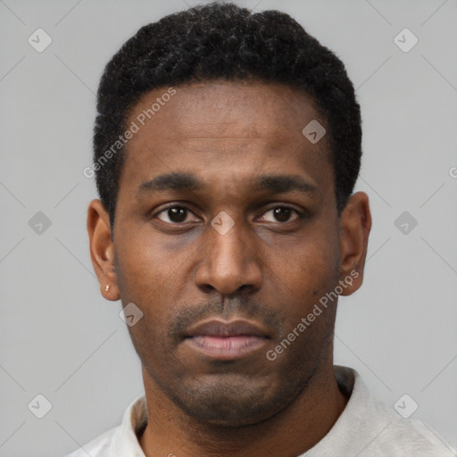 Neutral black young-adult male with short  black hair and brown eyes