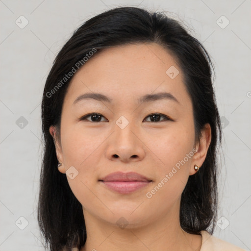 Joyful asian young-adult female with medium  brown hair and brown eyes