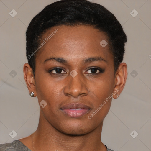 Neutral black young-adult female with short  black hair and brown eyes