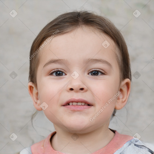 Joyful white child female with medium  brown hair and brown eyes