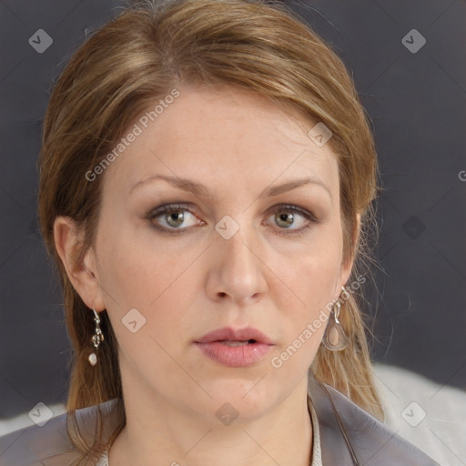 Neutral white young-adult female with medium  brown hair and brown eyes