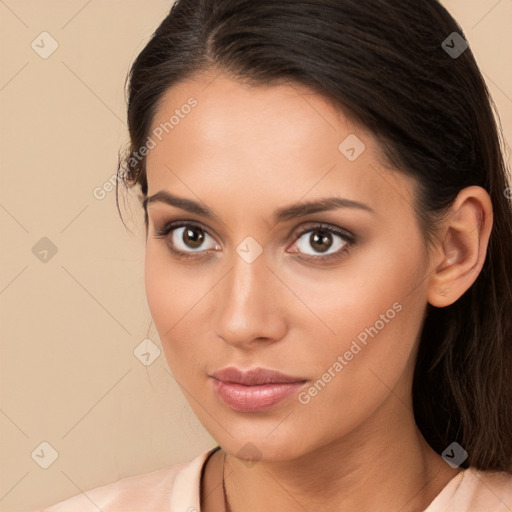 Neutral white young-adult female with long  brown hair and brown eyes