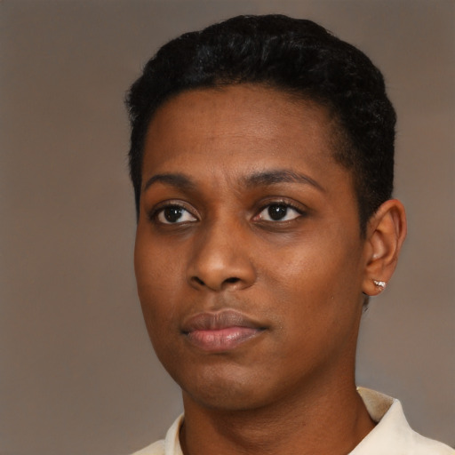 Neutral black young-adult female with short  black hair and brown eyes