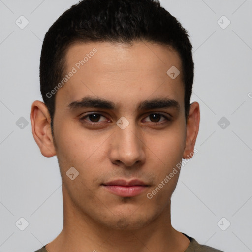 Neutral latino young-adult male with short  brown hair and brown eyes