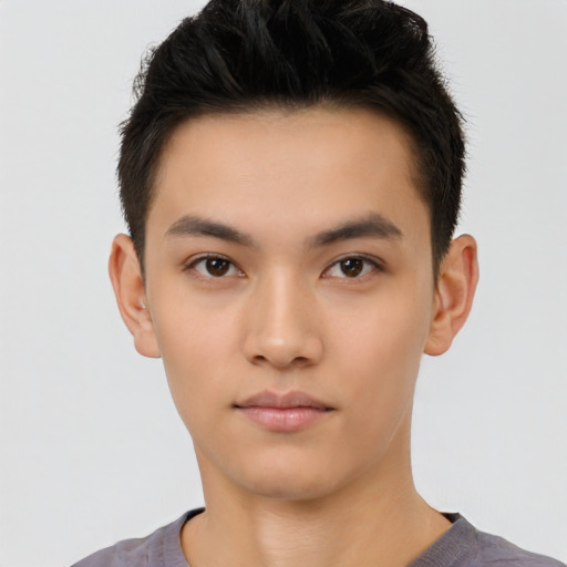Neutral asian young-adult male with short  black hair and brown eyes