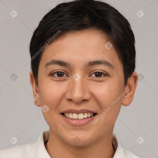 Joyful white young-adult female with short  brown hair and brown eyes