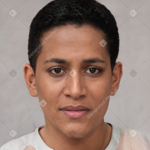 Joyful latino young-adult female with short  black hair and brown eyes