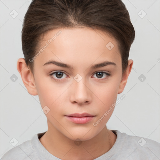 Neutral white young-adult female with short  brown hair and brown eyes