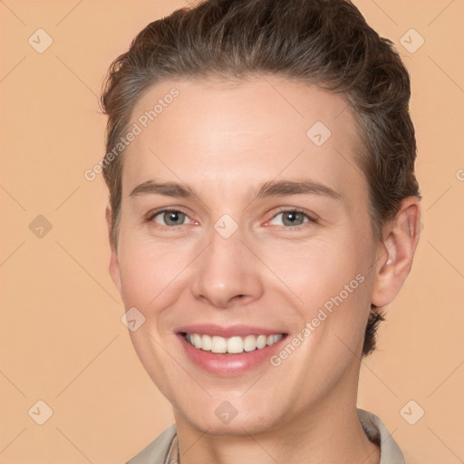 Joyful white young-adult female with short  brown hair and brown eyes